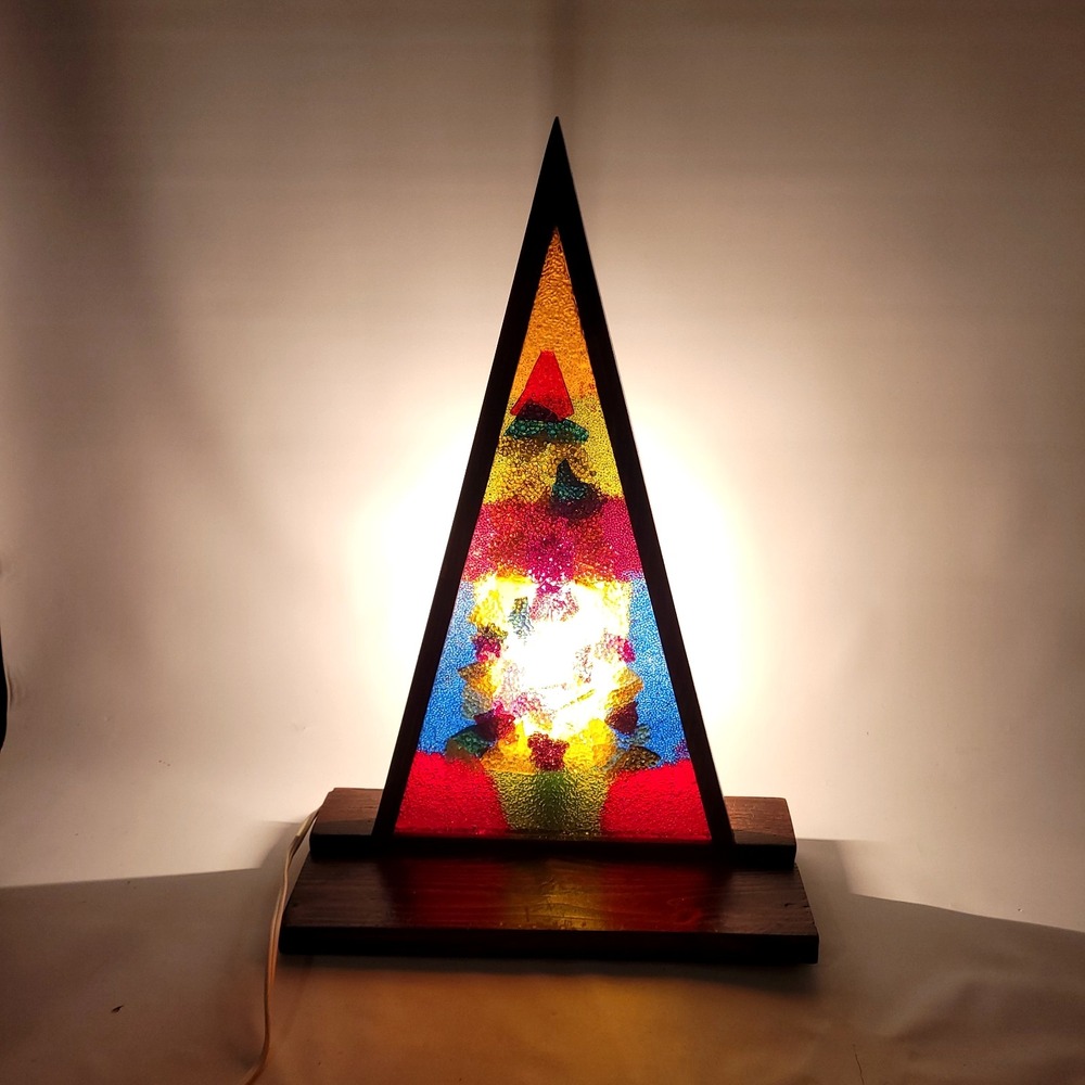 Wood Lucite Christmas Tree Lamp 17" popcorn stained glass MCM Nativity crèche